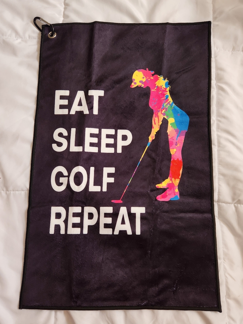Eat Sleep Golf Repeat Microfiber Golf Towel - Black with Multicolor Golfer